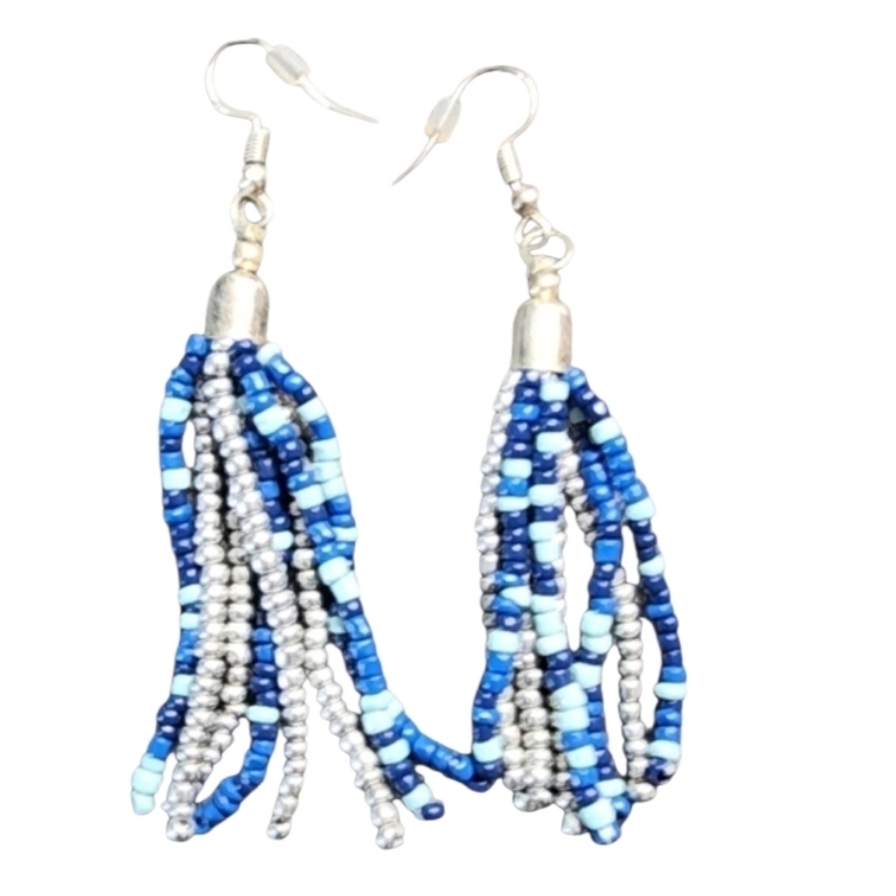 Blue Silver Tassel Earrings Fringe Design